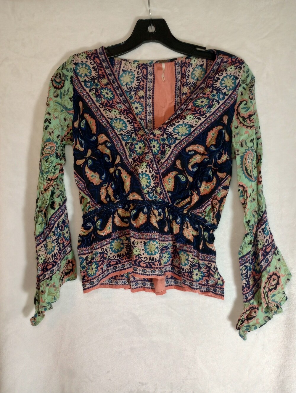 Free People  Rosalie Wrap Peplum Floral Bell Sleeve Top V-neck XS Boho Festival - Picture 2 of 6